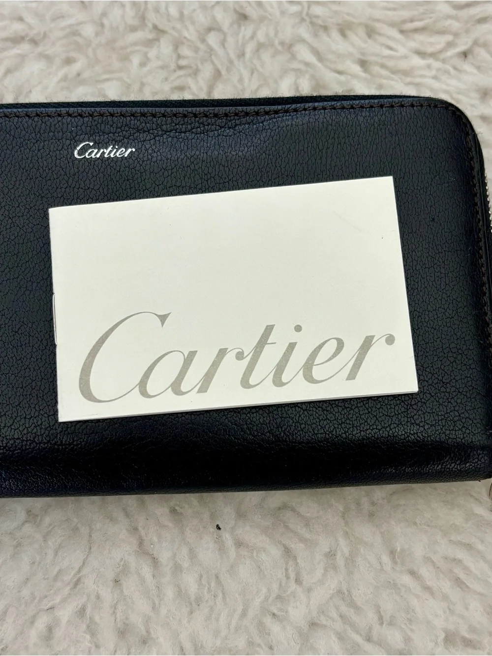 Cartier Black Leather Zip Around Flap Back Pocket Long Wallet w/ Booklet